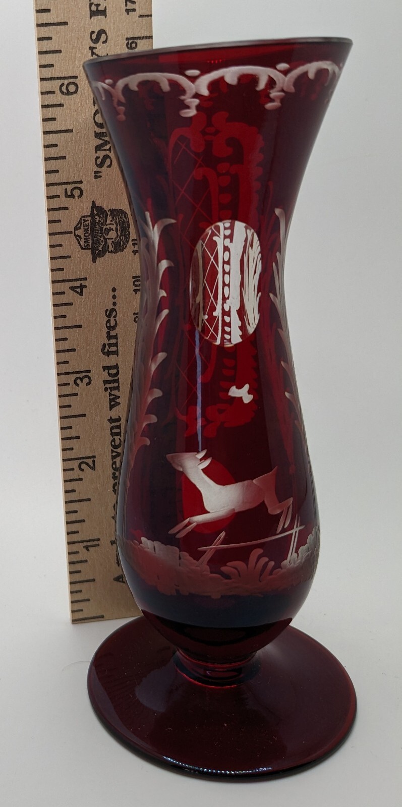 Bohemian Ruby Red Cut to Clear Crystal Bud Vase Vtg Stag Deer