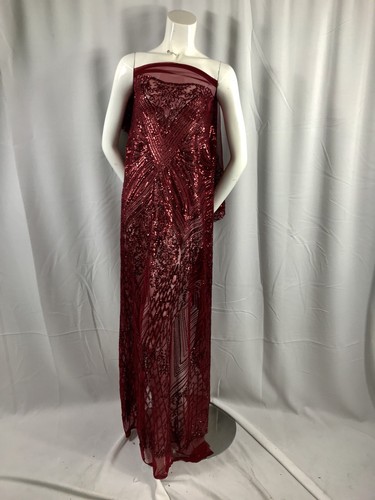 BURGUNDY GEOMETRIC DIAMOND DESIGN EMBROIDER WITH SEQUIN ON A 2 WAY STRETCH MESH - Picture 1 of 8