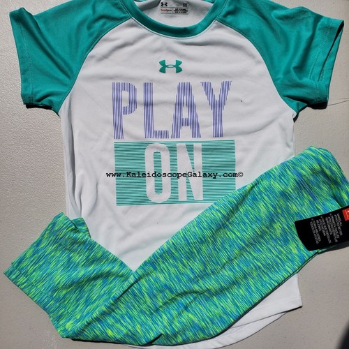Under Armour Girls 6X Capri Leggings & T-Shirt Green Blue White