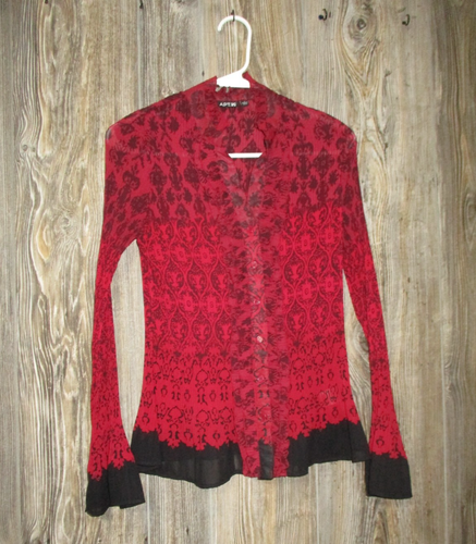 Apt 9 Pleated Ruffled Top Sz Small Red Black Bell Slv Gothic Whimsigoth Witchy - Picture 12 of 13