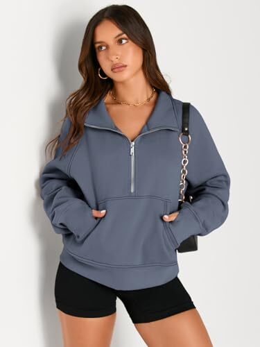  Womens Sweatshirts Half Zip Cropped Pullover Fleece Quarter Medium Greyblue - Picture 4 of 7