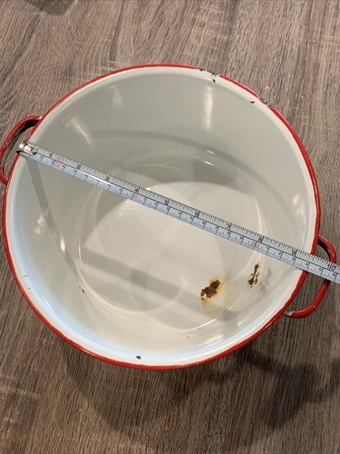 Vintage Antique Red White Enamel Enamelware Bowl Pan Dish Steel Pot - Picture 12 of 12