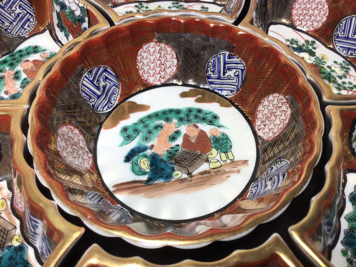 ライオンのディッシュ HH76 Antique Japanese Combine Divided Pastel Porcelain Wood