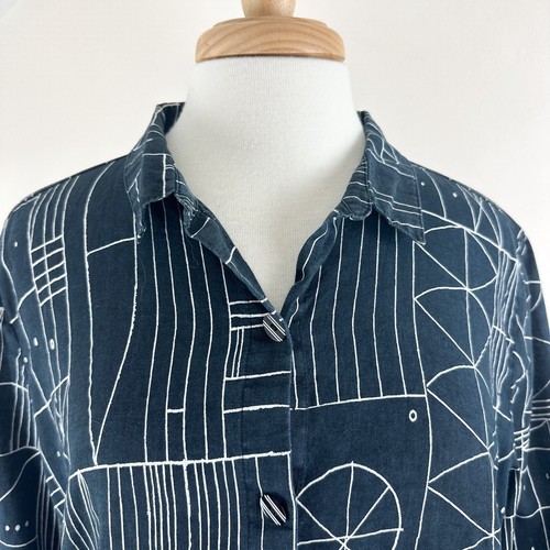 Artsy Linen Cotton Blouse, Geometric Black & White, Button Up Collared Lagenlook - Bild 3 von 17