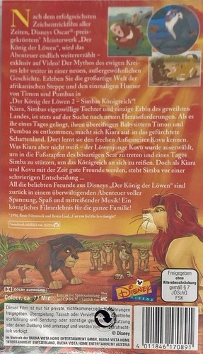 Disney Der König der Löwen 2 FSK0 77Min. 1994 | VHS | Neu&OVP - Bild 4 von 4