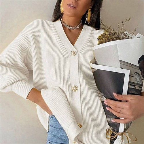 Long knitted cardigan Loose lantern sleeve V-neck cardigan Basic autumn winter - Bild 4 von 19
