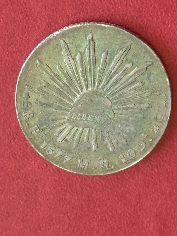 1877 Pi Mexico 8 Reales KM#377.10 — Full Rim, Silver Patina, XF Details - Image 2 of 4