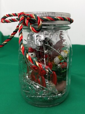 VINTAGE Christmas Jar of Tiny Treasures Ornaments Decor, Snowman, Sleigh (J1)Etc
