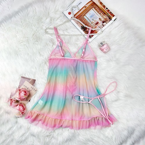 Sexy Women's Lingerie Sheer Rainbow Lace Babydoll V-Neck Nightdress Sleepwear US - Picture 9 of 15