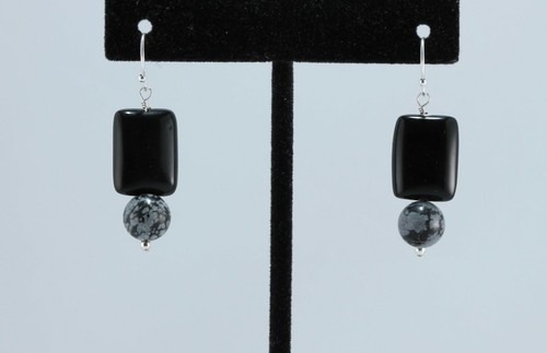 Greenwood Designs Obsidian Snowflake Obsidian Dangle Earrings Sterling Silver - Picture 2 of 3