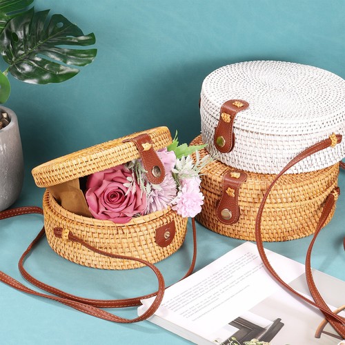 Round Rattan Bag for Women, Straw Crossbody Bags with Brown Lining, Coffee - Picture 5 of 6