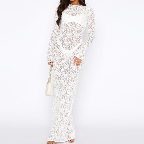 Black and White Lace Long Sleeve Maxi Dress Sheer Bodycon Party Outfit - Picture 8 of 36