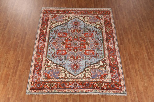 Light Blue/ Orange Heriz Serapi Indian Hand-Knotted Rug for Living Room 8x10 ft - Picture 3 of 20