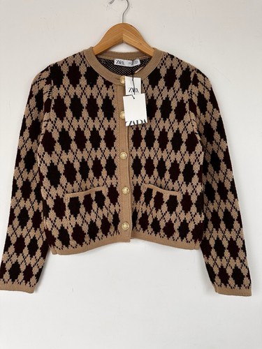 ZARA CAMEL WOOL BLEND KNIT ARGYLA CARDIGAN WITH GOLDEN BUTTONS size S - Bild 10 von 14