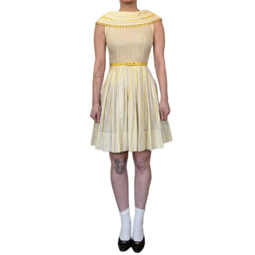 Vestido sin solero vintage años 50 amarillo a rayas con cinturón ajuste y acampanado cuello marinero XXS/XS - Imagen 2 de 6