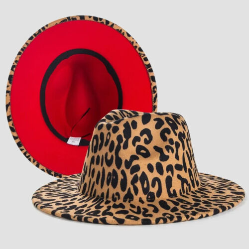 Moda Leopardo Guepardo Estampado Ala Ancha Lana Fieltro Sombrero Fedora Panamá Gorra Rojo E