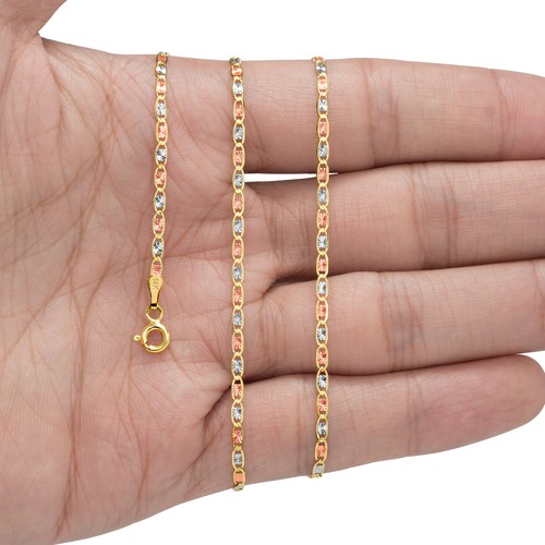 14K Solid Tri-color Yellow Rose White Gold 2mm Valentino Chain Necklace 16"- 24" - Picture 14 of 66