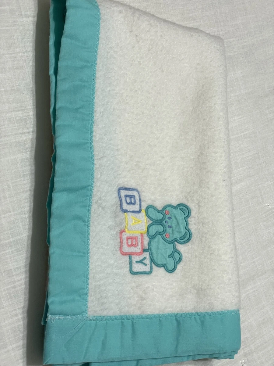Vintage Cuddle Time Baby Blanket Off White Acrylic with Teal Binding Bear Blocks