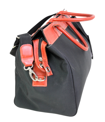 Sisley BLACK NYLON CANVAS BROWN LEATHER TRIM SHOULDER X-BODY DUFFEL TRAVEL BAG - Picture 3 of 15