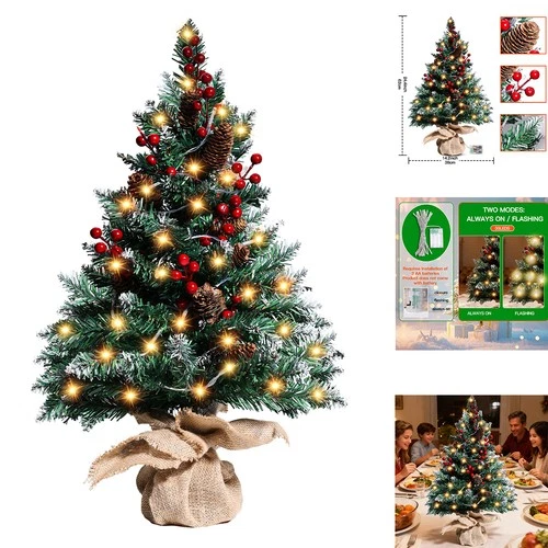 24" Tabletop Artificial Mini Christmas Tree with LED Light & Ornaments Xmas Tree