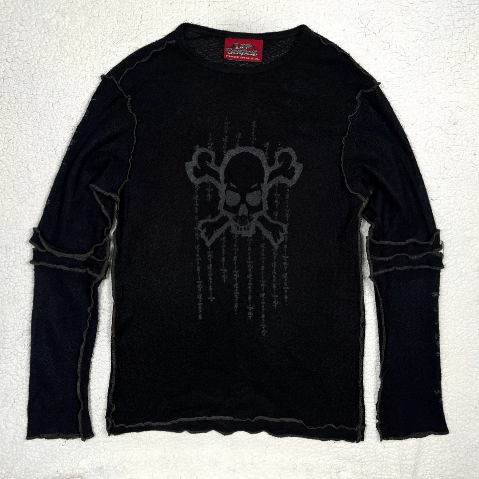 Suéter preto vintage Lip Service Live Fast Die Young Skull grande Y2K gótico - Imagem 2 de 4