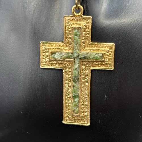 Large Cross Ten Commandments Gold Tone Green Stone Insets 50mm on 48cm 925 Chain - Picture 2 of 14