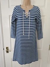 Joules Riveratie Dress Size 8 Blue Striped Laced Neck Cotton Nautical 3/4 Sleeve