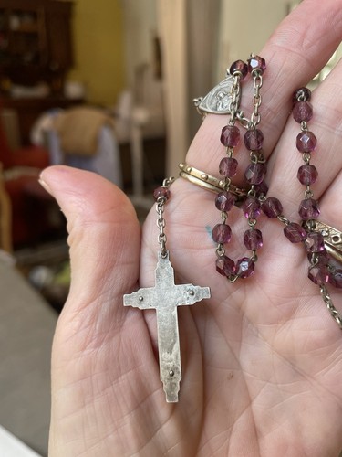 antique French Glass Rosary Purple Silver Prayer 17” Chaplet Sacred Heart - Imagen 6 de 16