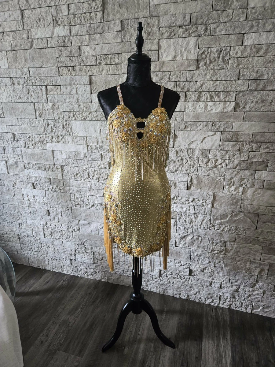 gold latin dress Golden Line Crystallized Fringe Latin Dress Latin/Rhythm # L5064
