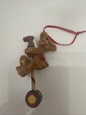 Christmas Resin Teddy Bear On Rolling Stick Horse Ornament 4" T