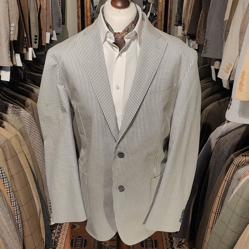 Vintage 46R Mens Seersucker Stripe Boat Suit Jacket Blazer Blue Grey Cotton - Picture 6 of 15