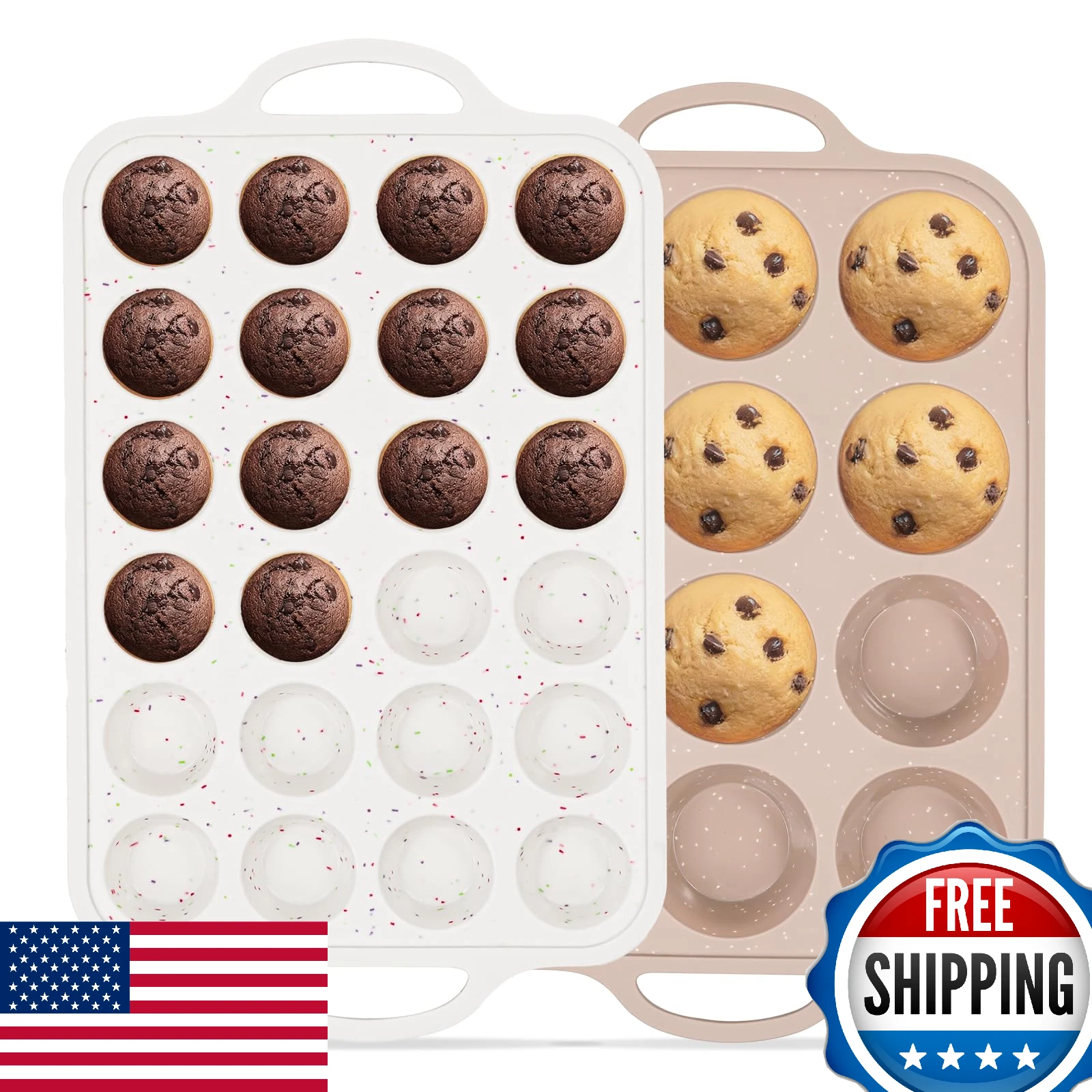Vinino 2-Pack Silicone 12-Cup Muffin Pan w/ Metal Frame & 24-Cup Mini