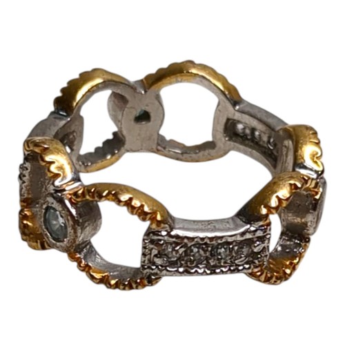 Gold Tone Silver Tone Cubic Zirconia Ring Size 8.5 Unique Modernist Style - Picture 5 of 8