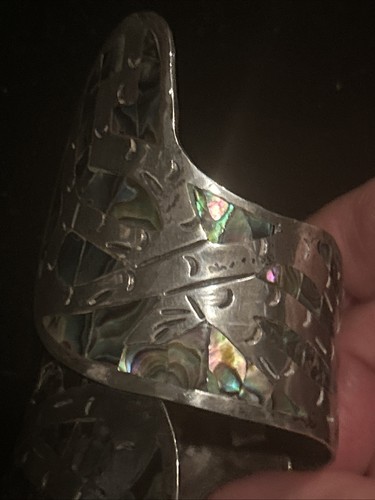 VTG Mexico 925 Sterling Silver & Abalone Inlay Hinged Cuff Bracelet Bamboo 71g - Picture 7 of 11