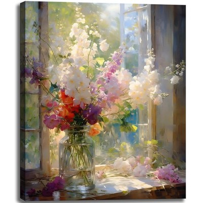 weiyiart Colorful Floral Bathroom Wall Art, Watercolor Flower Canvas Wall Dec...