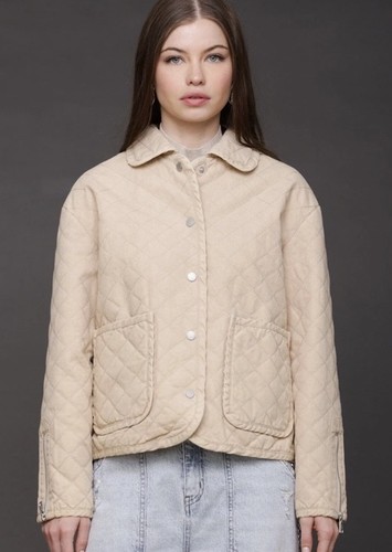 Avec Les Filles Tan Quilted Cotton Field Jacket Snap Button Size Small Lined - Picture 11 of 11