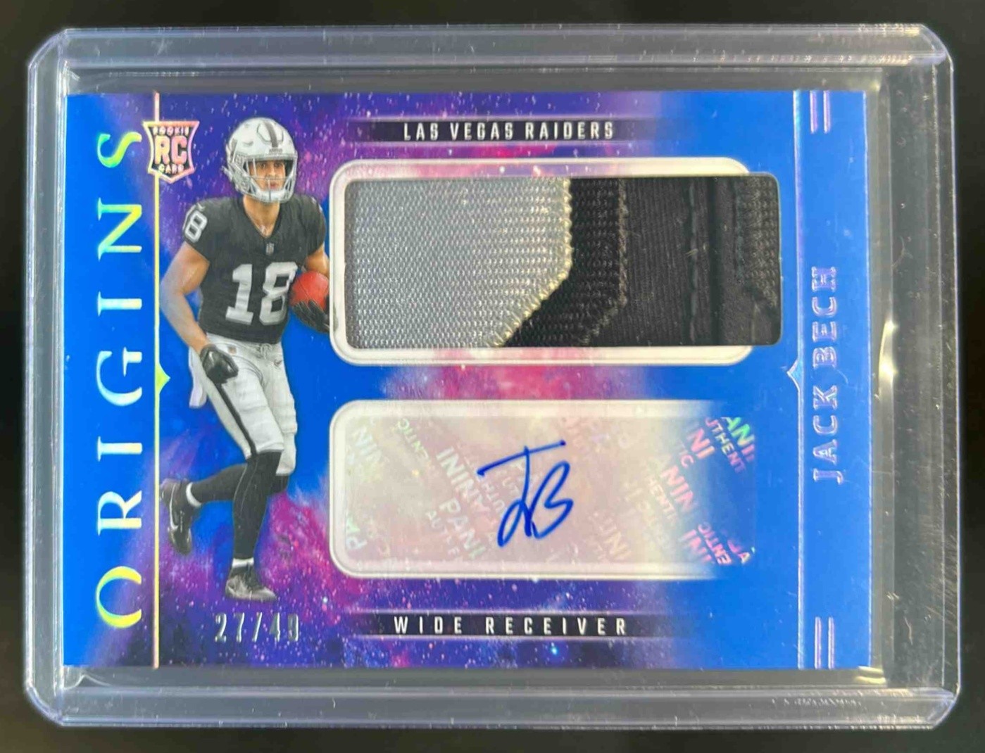2025 Origins Jack Bech Rookie Jumbo Jersey Patch Auto Blue RC #27/49 Raiders