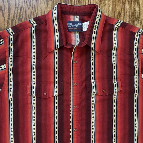Vtg Wrangler Western Shirt Mens Red Aztec Western Pearl Snap Southwest XXL Tall - Picture 2 of 8