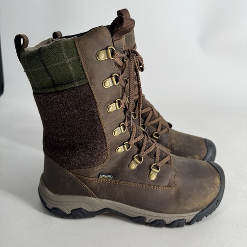 KEEN Women's Greta Tall Waterproof Boot Brown/Red Plaid Leather Wool Size 8