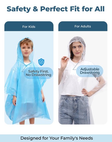 Disposable Rain Poncho Family 10 Pack for Adults & with Hood - 2X-Thicker for... - Picture 4 of 6
