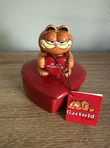 VTG 1982 ENESCO CERAMIC GARFIELD the CAT VALENTINE TRINKET JEWELRY BOX FIGURINE - Picture 2 of 8