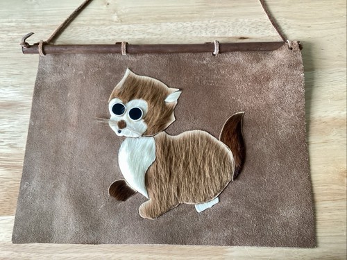 Handmade Cat On Cowhide Suede Wall Hanging Made with Hair Of Deer 8 x 11 Inches - Picture 2 of 11