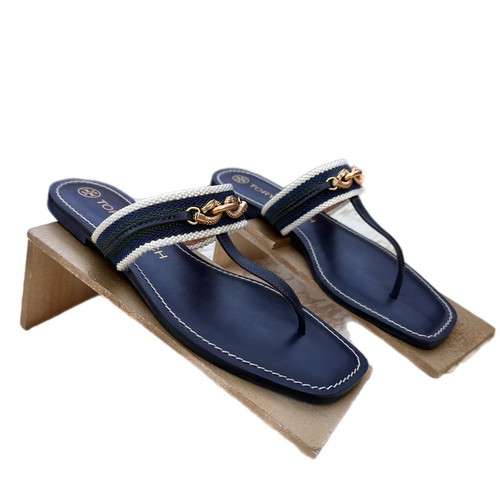 Tory Burch Jessa Tanga Sandalias Planas Sin Cordones Cuero Azul Marino-8M, Suela de Goma - Imagen 2 de 11