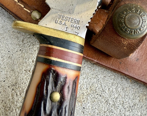 VINTAGE WESTERN CUTLERY "1984" H40 I FIXED BLADE KNIFE & ORIGINAL SHEATH STAG - Picture 1 of 4