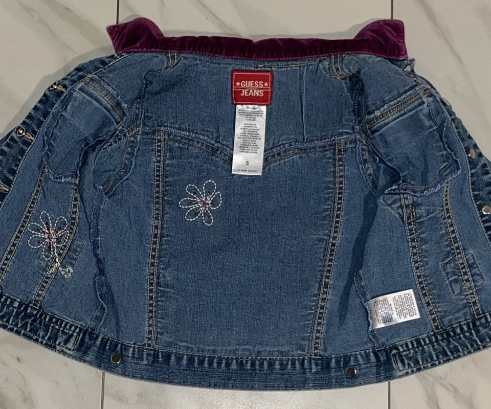 Guess Jeans Niñas 5 Chaqueta Denim Terciopelo Patchwork Bordado Y2K Retro Boho De Colección Foto 4 de 4