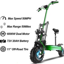 6000W Dual Motor Adult Electric Scooter Speed 50MPH 72V 20AH 11 Inch Off-Road