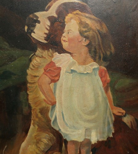 Vintage impressionist oil painting portrait dog and girl - Picture 9 of 12