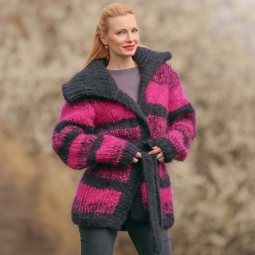 Black purple thick mohair sweater cardigan handmade coat ready to ship size L-XL - Picture 8 of 8