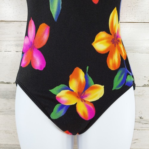 VINTAGE ROBBY LEN SWIMFASHIONS ONE PIECE SWIMSUIT BLACK FLORAL WOMEN'S SIZE 10 . - Picture 5 of 24