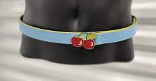 Vintage Italian Leather Belt Double Cherries Buckle Light Blue Yellow Trim Sze M